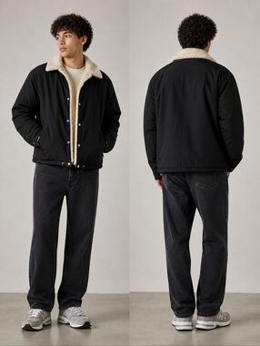 Men's Black Sherpa-Lined Jacket with Cream Collar